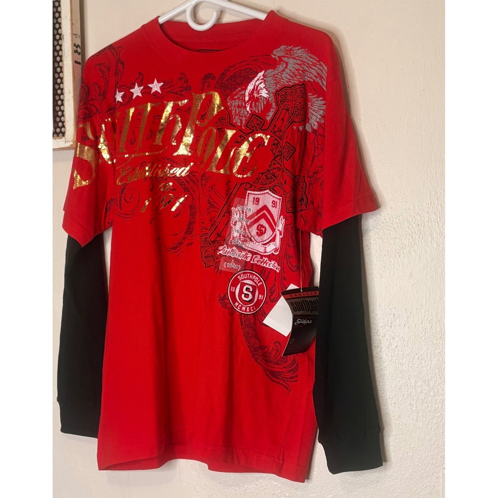 Southpole Layered Shirt Boys L 16-18 Red New Y2K Graphic Long Sleeve Tee